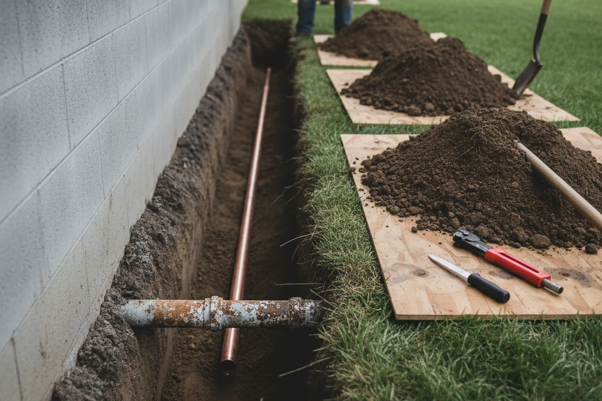 Excavated water line trench during Water Heater Repair in Leonard